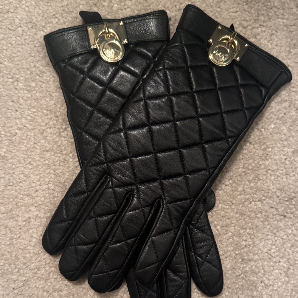 Michael Kors Black Quilted Gloves with Gold Accents
